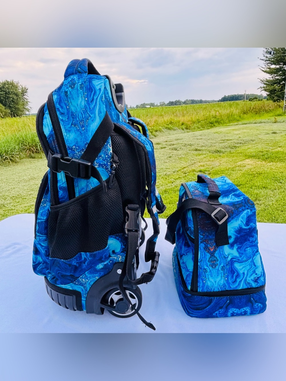 Rolling Backpack Lunch Bag Set Blue Wave Wheeled Laptop School Travel 19" Unisex - Picture 5 of 14